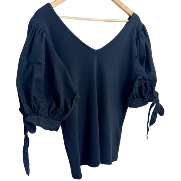 Anthropologie Maeve Black Puff Sleeve V Neck Tie Cuff Knit Top Womens Large - Picture 10 of 16